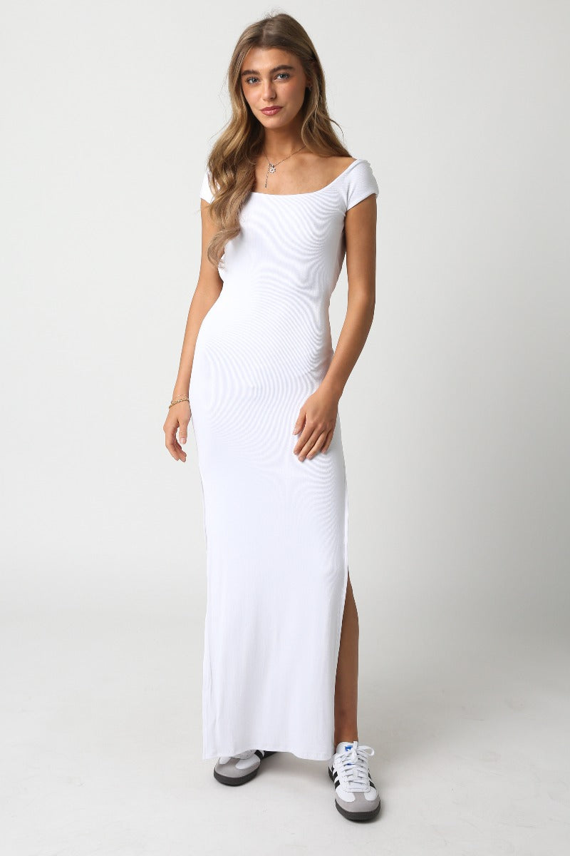 Rib Knit Scoop Maxi Dress in White