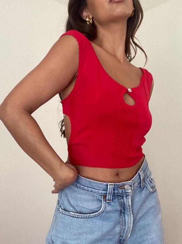 Scallop Keyhoe Crop Top in Cherry Red