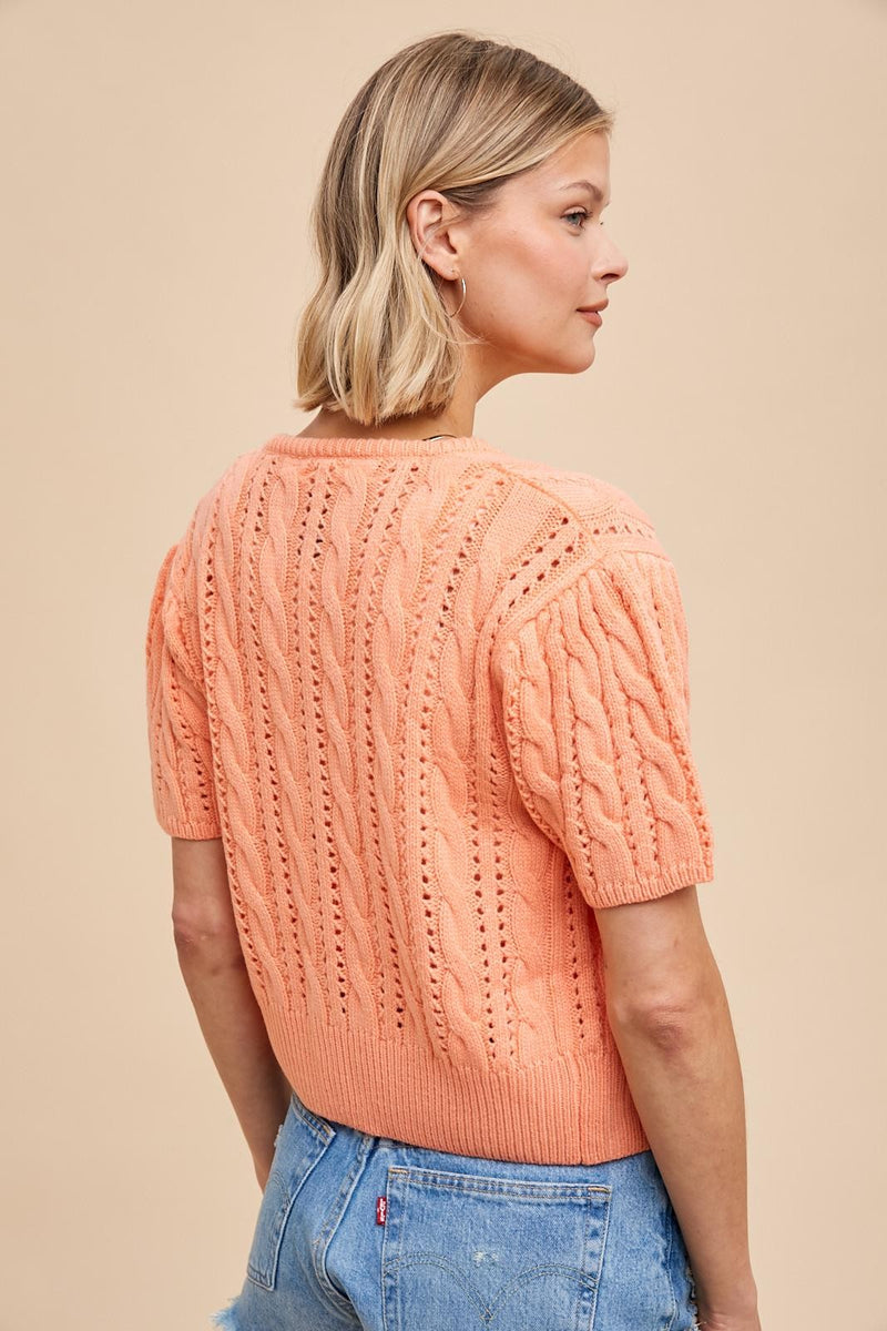 Cable Puff Sleeve Cardigan in Apricot