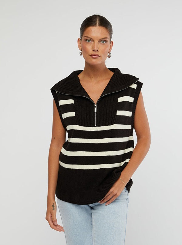 Half Zip Sweater Vest in Black/Ecru