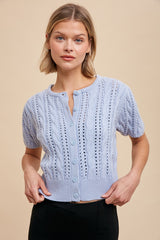 Cable Puff Sleeve Cardigan in Powder Blue