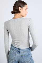 Lua Long Sleeve Pointelle Top in Grey Marl