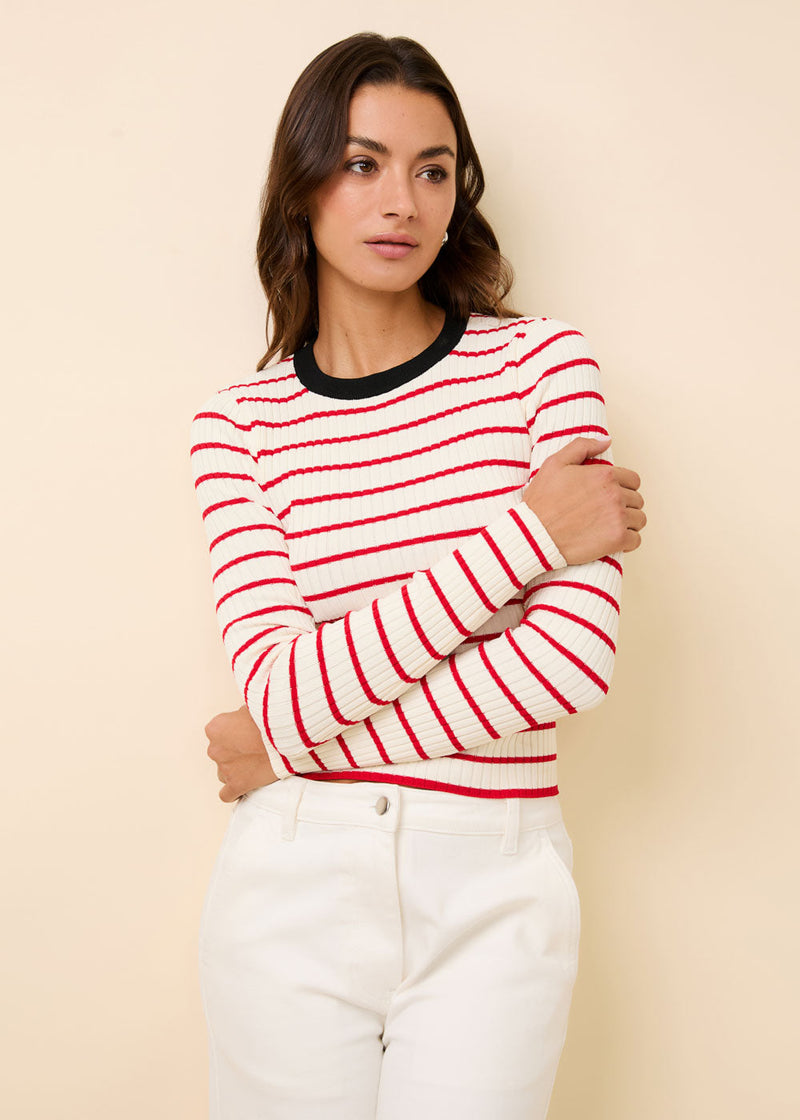 Dora Ribbed Knit Top Apple Red Stripe