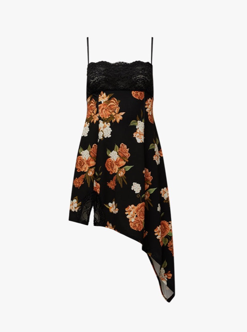 Lace Asymmetrical Neutral Floral Slip Dress in Black Multi