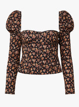 Long Sleeve Baby Floral Corset Top in Black Multi