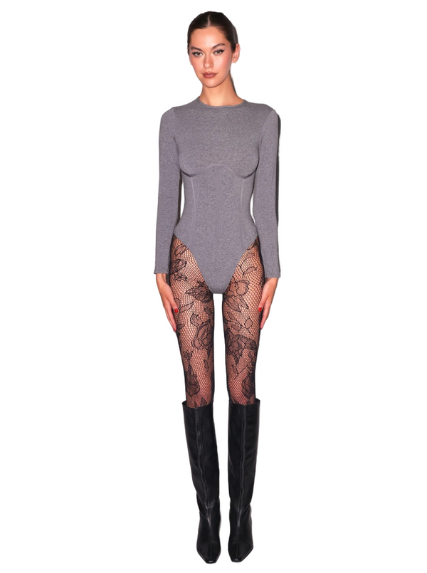 ORGANIC COTTON LONG SLEEVE BODYSUIT IN HEATHER GREY