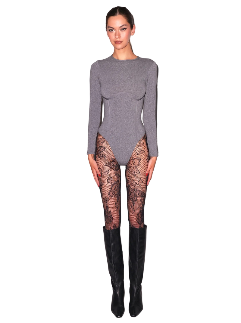 ORGANIC COTTON LONG SLEEVE BODYSUIT IN HEATHER GREY