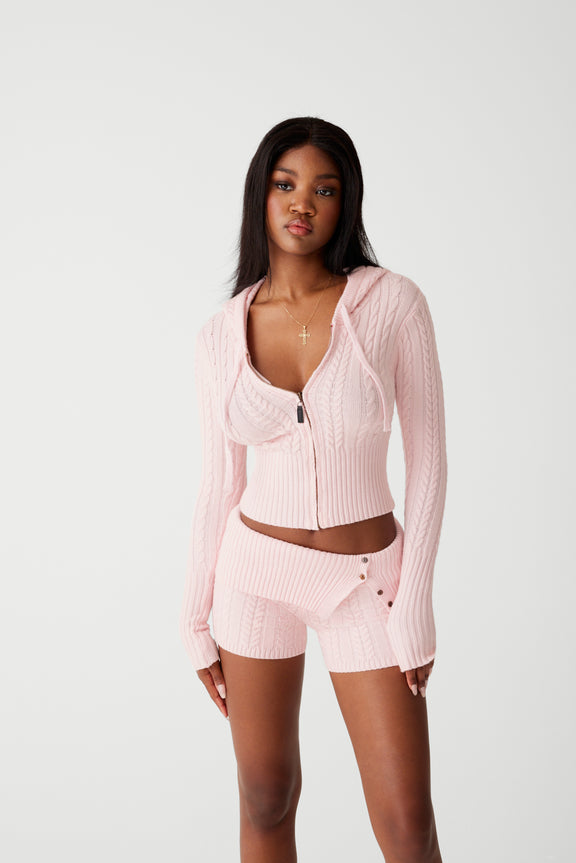 Aimee Cable Cloud Knit Hoodie in Rose Quartz