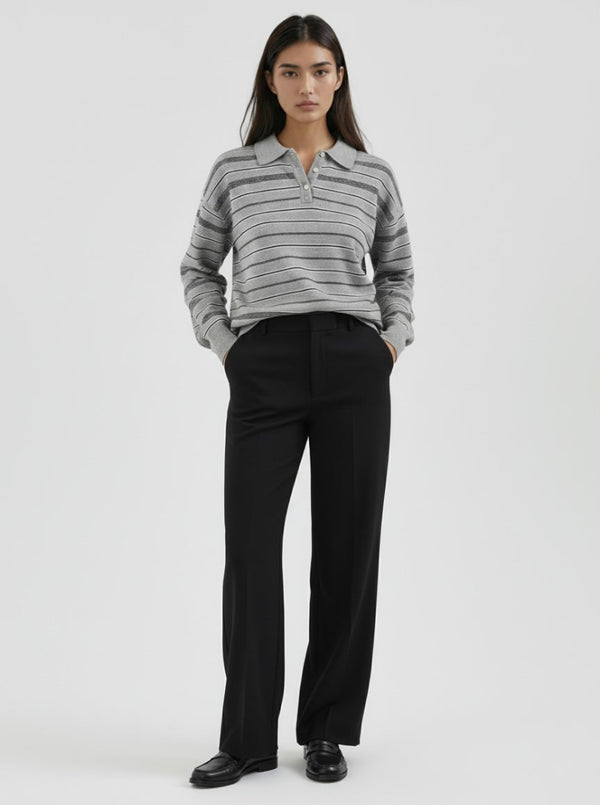 ATELIER POLO SWEATER IN HEATHER GREY STRIPE