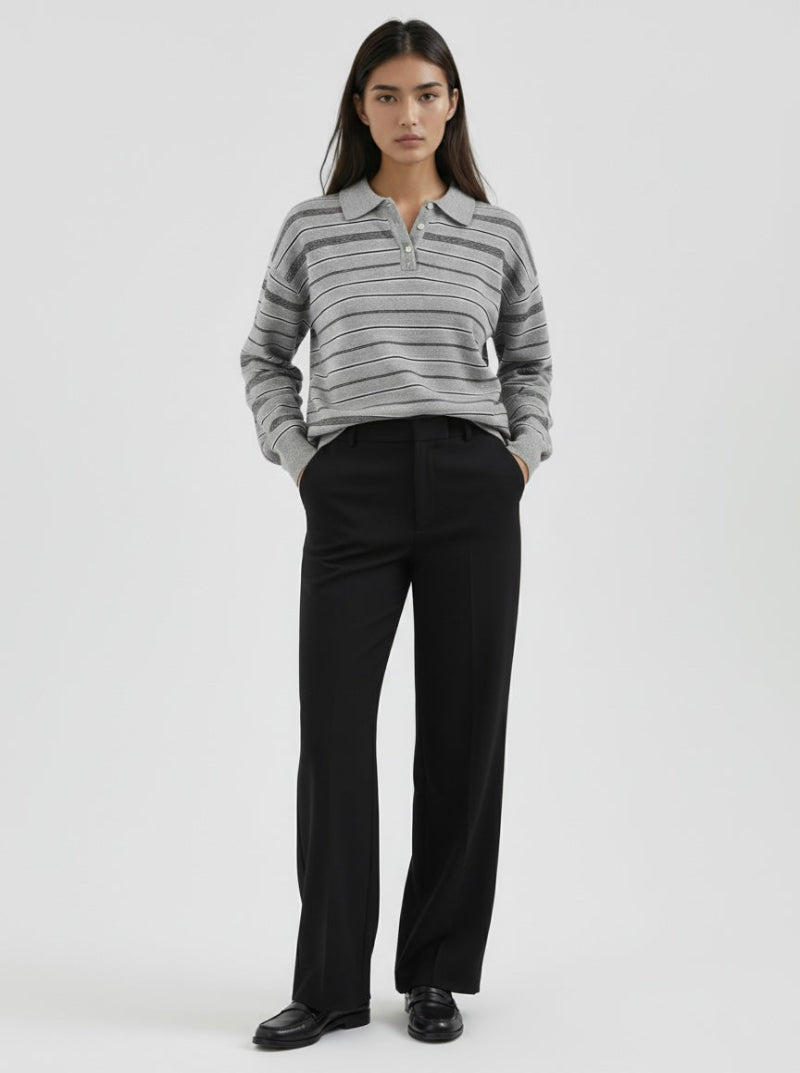 ATELIER POLO SWEATER IN HEATHER GREY STRIPE