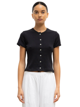POINTELLE SHORT SLEEVE CARDIGAN IN BLACK