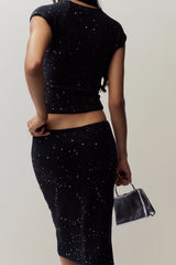 Miki Sequin Knit Midi Skirt in Black
