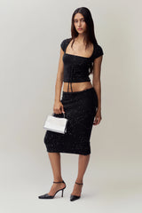 Miki Sequin Knit Midi Skirt in Black
