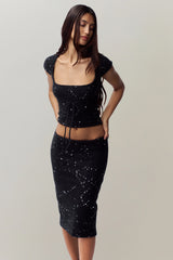 Miki Sequin Knit Midi Skirt in Black