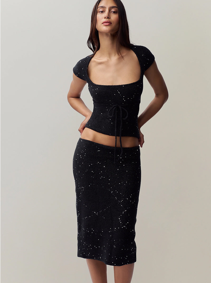 Miki Sequin Knit Midi Skirt in Black