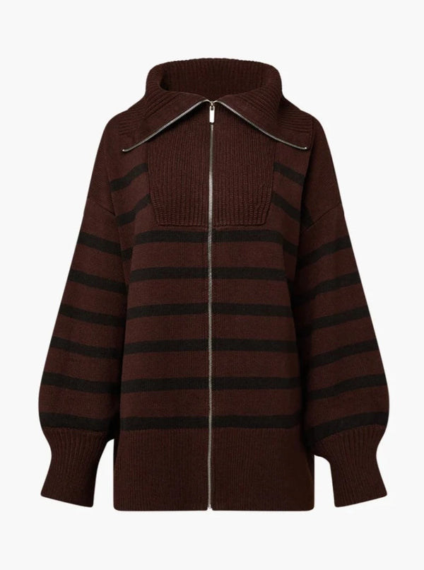 STRIPED SWEATER ZIP UP IN UMBER/BLACK