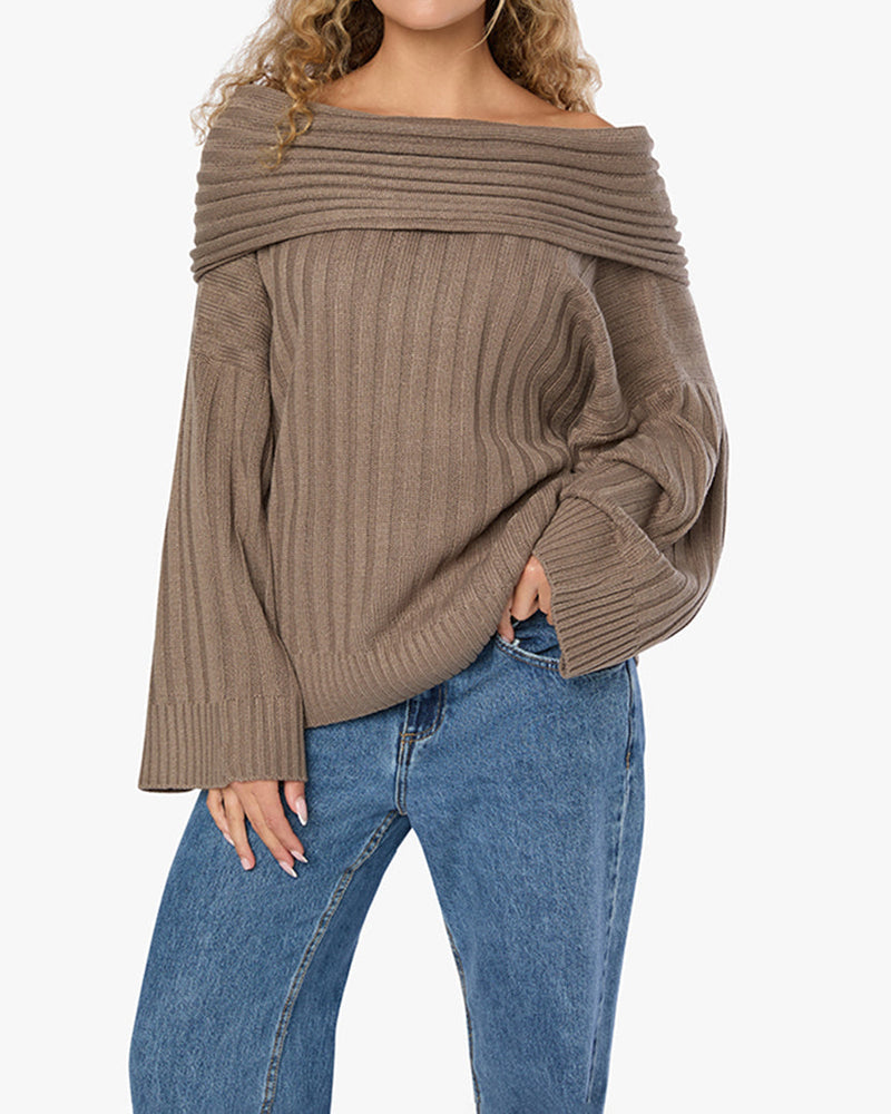 Oversized Off Shoulder Sweater in Stone