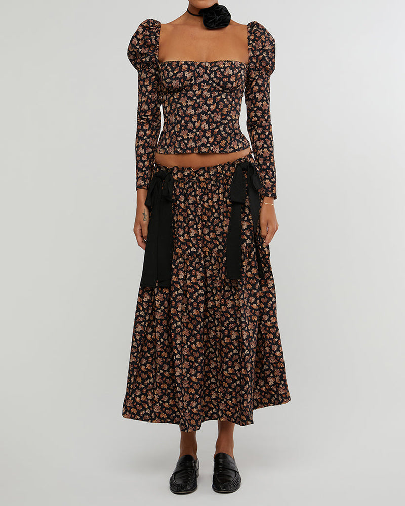 Long Sleeve Baby Floral Corset Top in Black Multi