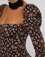 Long Sleeve Baby Floral Corset Top in Black Multi