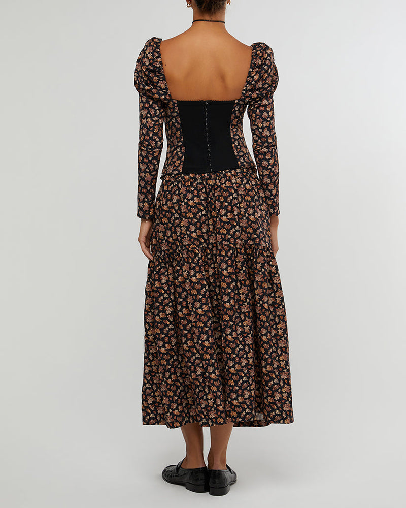 Long Sleeve Baby Floral Corset Top in Black Multi