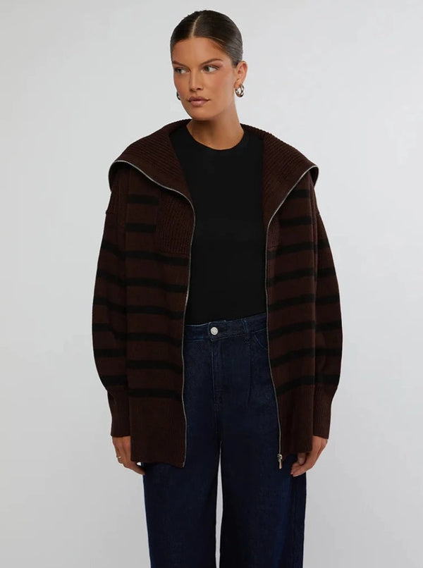 STRIPED SWEATER ZIP UP IN UMBER/BLACK