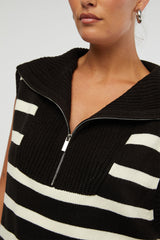 Half Zip Sweater Vest in Black/Ecru