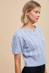 Cable Puff Sleeve Cardigan in Powder Blue