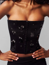 EMBELLISHED SATIN COREST IN BLACK
