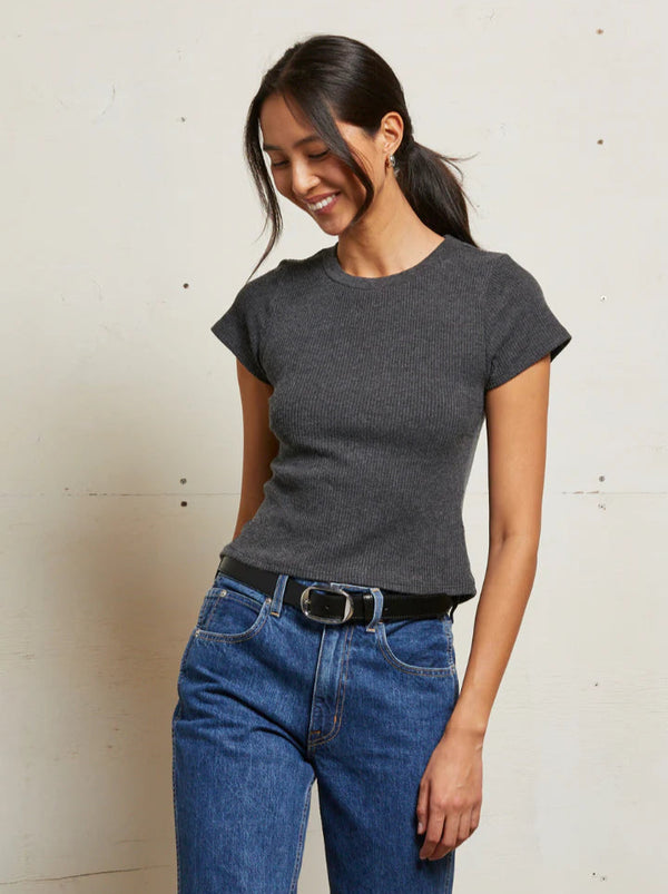 GABBY RIB SHORT SLEEVE CREW IN CHARCOAL
