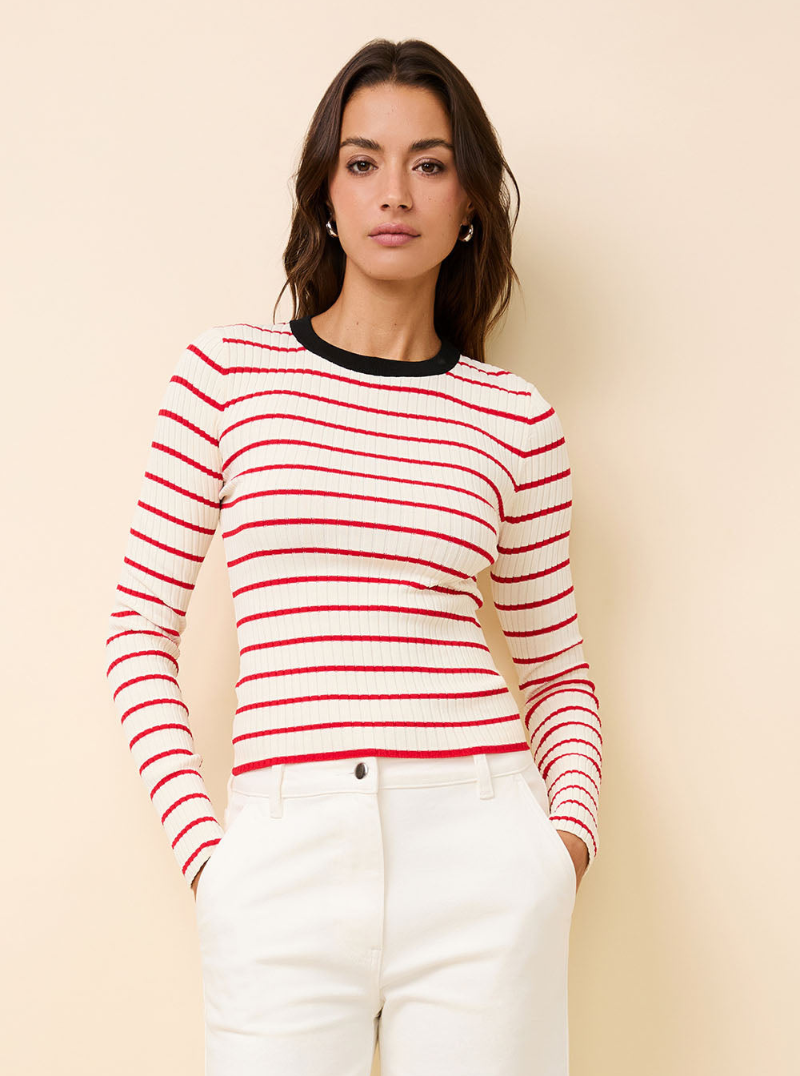 Dora Ribbed Knit Top Apple Red Stripe