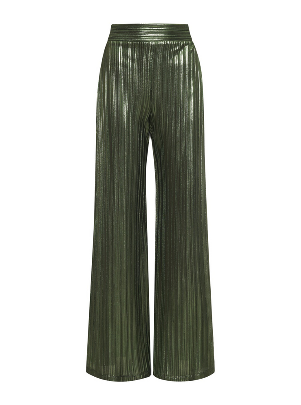 PRE-ORDER***Metallic Pleated Wide Leg Pant in Metallic Emerald