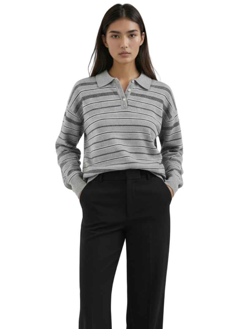 ATELIER POLO SWEATER IN HEATHER GREY STRIPE