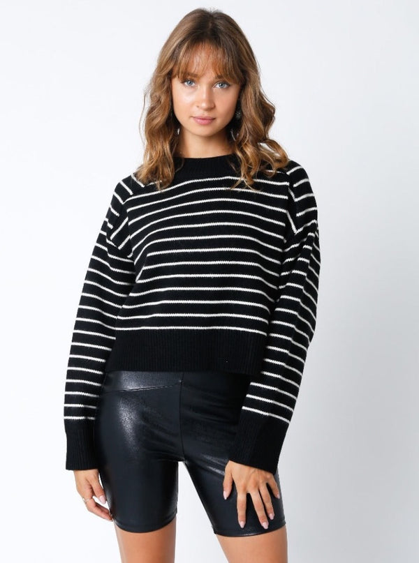 Crew Neck Stripe Sweater in Black/Cream