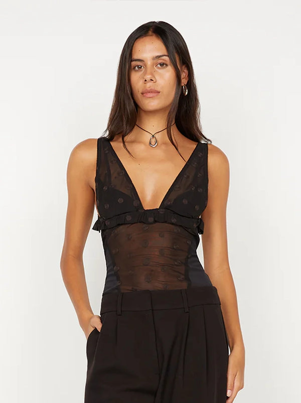 KARLA V NECK TOP IN BLACK/CHOC SPOT