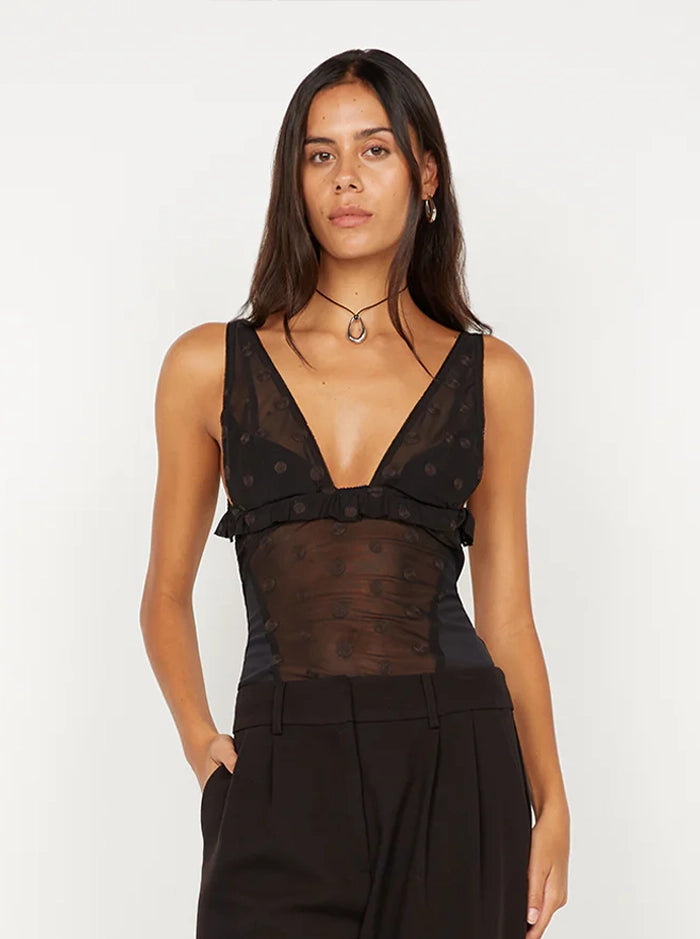KARLA V NECK TOP IN BLACK/CHOC SPOT