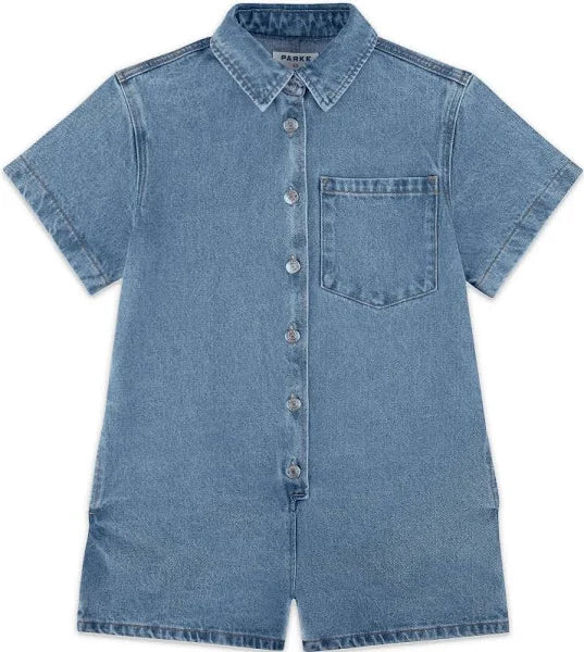 SHORT SLEEVE ROMPER IN MEDIUM DENIM